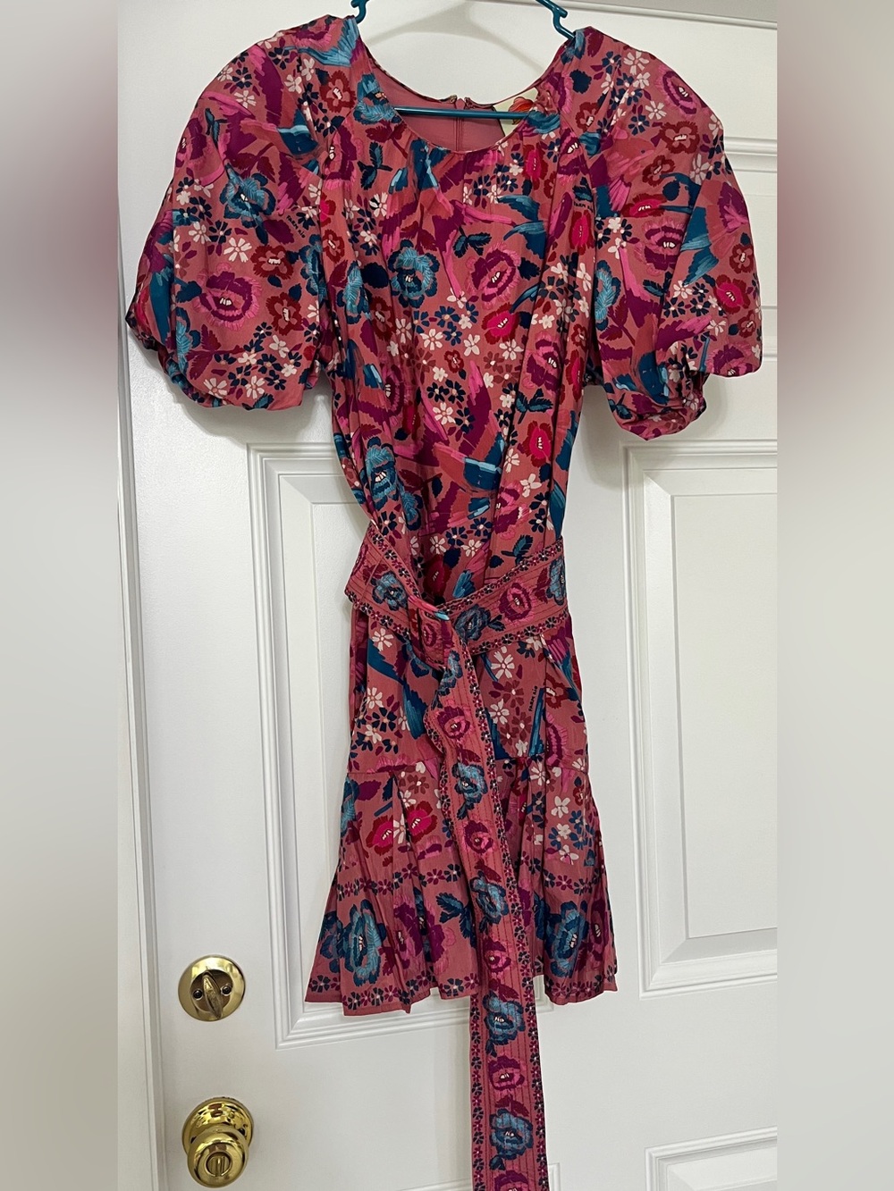 Farm Rio Colorful Floral Mini Dress Puff Sleeve Belted Summer Casual medium
